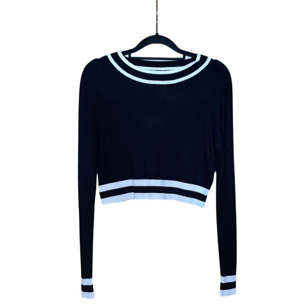 Divided Ribbed Scoop Neck Sweater Top - Black & White - Size L